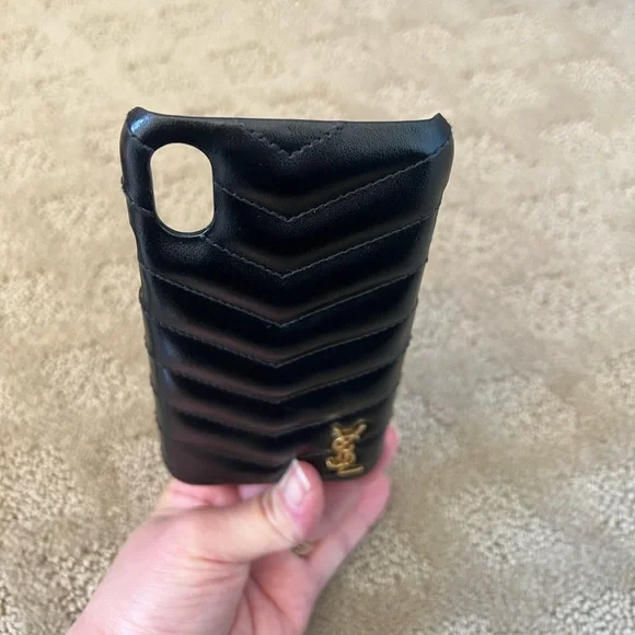 Saint Laurent Black Leather iPhone Case with Gold YSL
